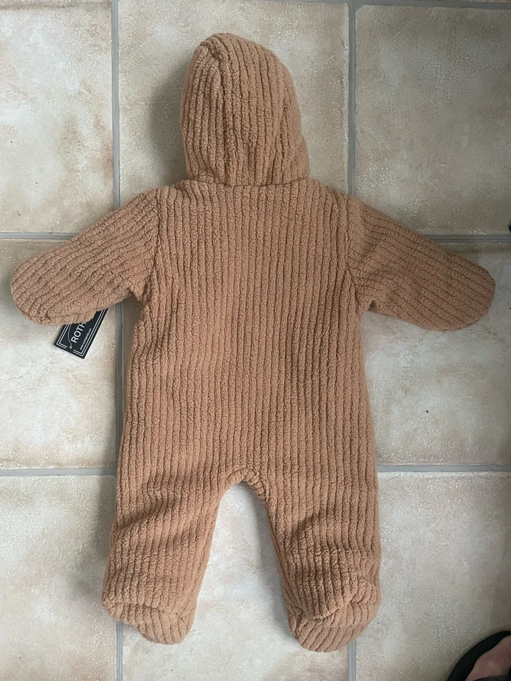 NWT Rothschild brown teddy bear cozy hooded baby onesie; size 6-9 months